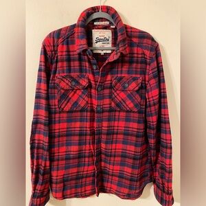 Mens‎ Red Blue Plaid Superdry Premium Flannel Button Down Size XL